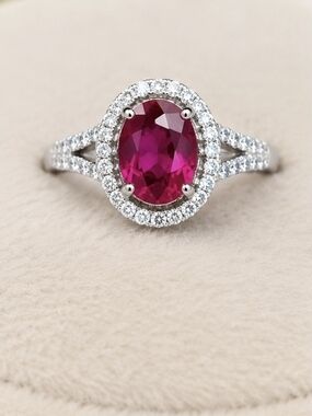 Silver Oval Ruby Halo Ring - Ruby Red Sparkle